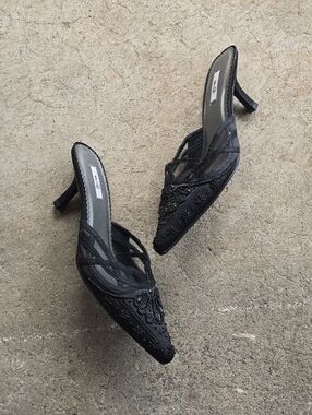 Vintage 90s Y2K Black Beaded Pointed  Toe Kitten Heel Sz 7